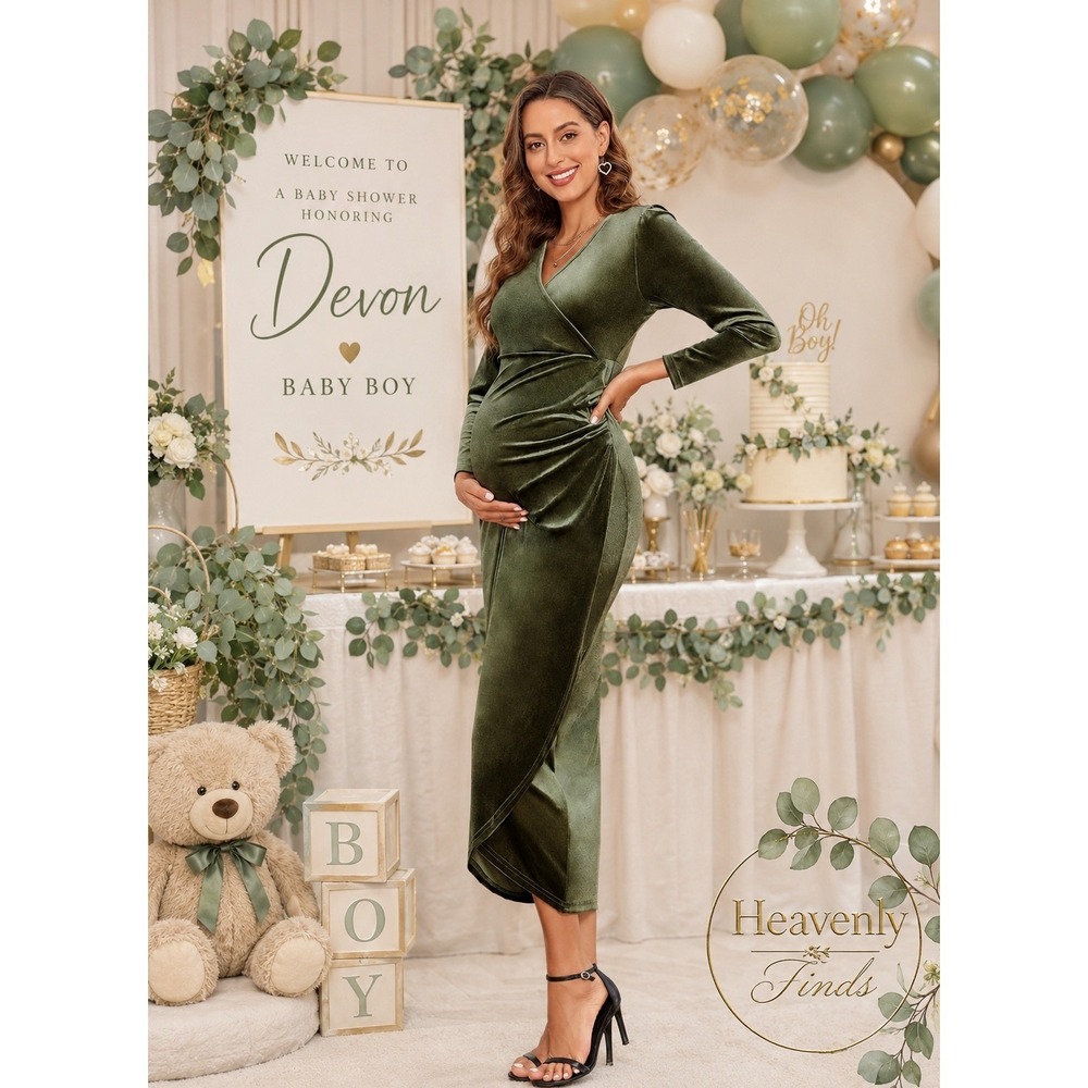 Velvet Maternity Cocktail Dress XL Olive Green Baby Shower‎ Wedding Romantic NEW